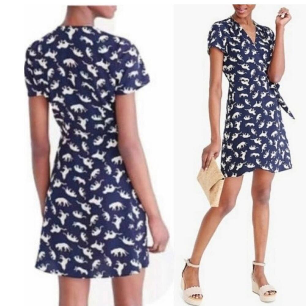 J. Crew Print Wrap Mini Dress Navy Blue Leopard Cheetah Cat Animal Print sz 00
